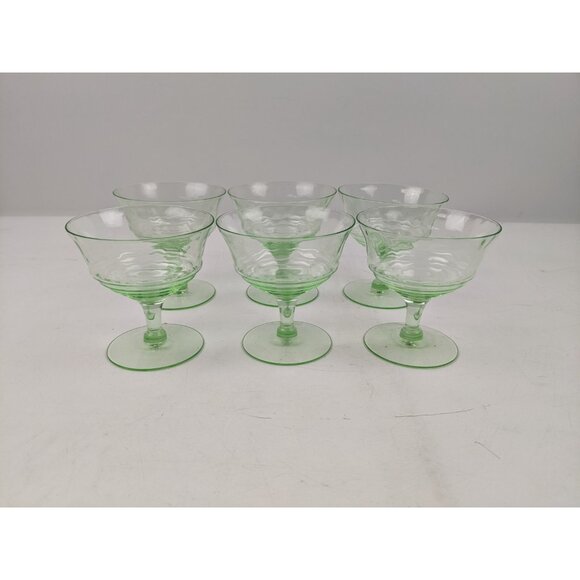 Uranium Green Depression Glass Footed Sherbert Cups 3.5" Set Of 6 - Picture 2 of 10